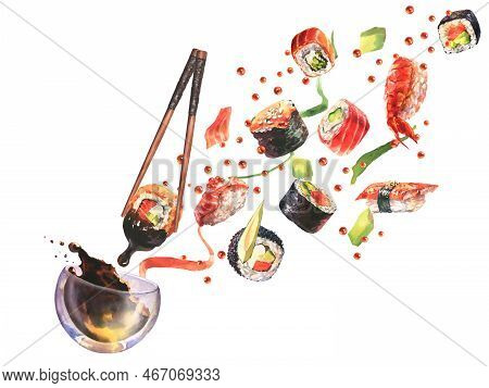 Watercolor Composition With Sushi, Splash Sause, Ingredient For Sushi In Motions On White Background