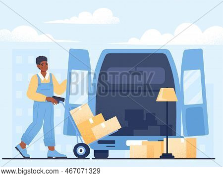 Warehouse Delivery Concept. Man With Boxes Near Car, Transportation And Logistics. Online Shopping A
