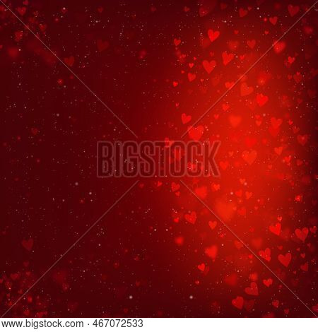 Valentines Day Background With Hearts And Bokeh Lights. Red Love Background With Hearts And Sparkle 