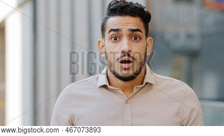 Portrait Of Young Shocked Surprised Man Close Up Scared Frightened Guy Feeling Shock Surprise Amazed