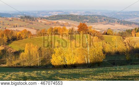 Autumn Panorama From Bohemian And Moravian Highland, View From Konikov Vecov Village, Zdarske Vrchy,