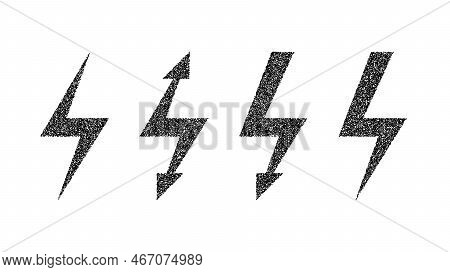 Grunge Lightning Bolt Set. Black Noise Texture Thunderbolt Collection. Stipple Flash Symbols. Dotted