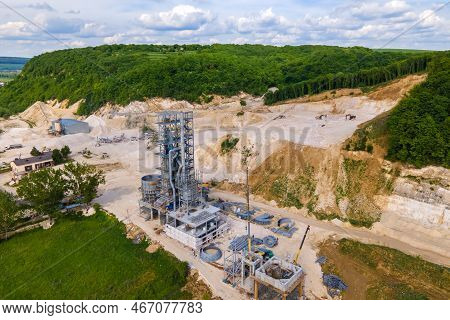 Cement Factory At Open Pit Mining Of Construction Sand Stone Materials With Excavators And Dump Truc