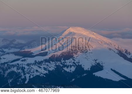 The Sun-drenched Peak Of Mount Farcau, Repedea, Maramures County, Romania, Carpathians
