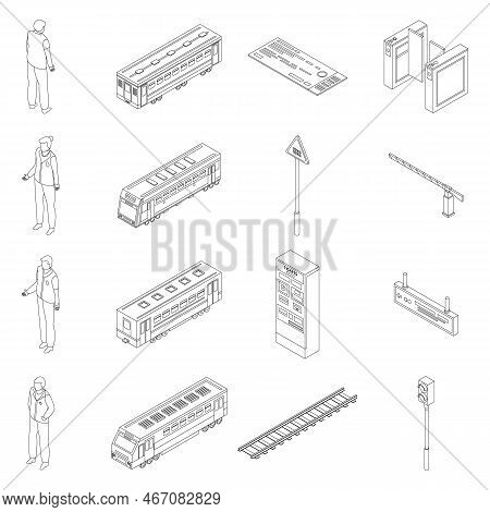 Electric Train Driver Icons Set. Isometric Set Of Electric Train Driver Vector Icons Outline On Whit
