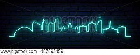 Blue Neon Skyline Of Durban. Bright Durban City Long Banner. Vector Illustration.