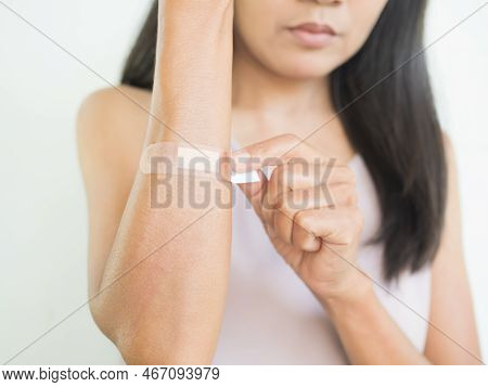 Bandage On Hand Close Up,woman Injured Painful To Hand,little Wounded On Body,people First Aid Treat