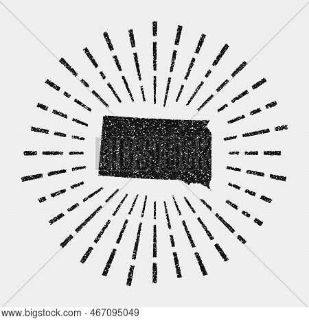 Vintage Map Of South Dakota. Grunge Sunburst Around The Us State. Black South Dakota Shape With Sun