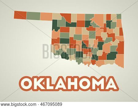 Oklahoma Poster In Retro Style. Map Of The Us State With Regions In Autumn Color Palette. Shape Of O