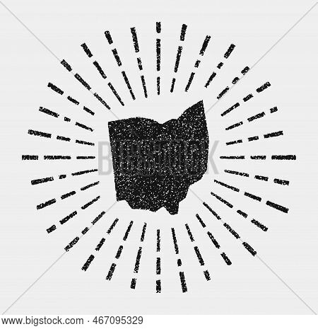 Vintage Map Of Ohio. Grunge Sunburst Around The Us State. Black Ohio Shape With Sun Rays On White Ba