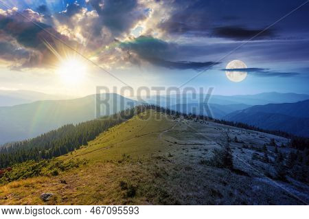 Green Nature Environment Of Trascarpathia At Twilight. Day And Night Time Change Concept. Scenery In
