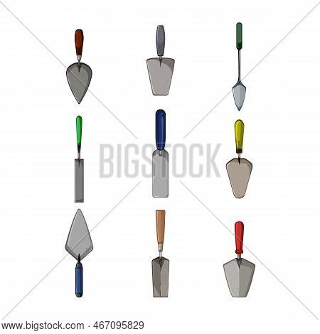Trowel Cement Set Cartoon. Construction Wall, Tool Work, Worker Concrete, Hand Mason, Mortar Trowel 