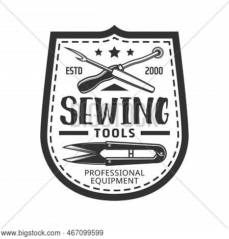 Sewing Tools Icon Or Retro Symbol With Scissors, Seam Ripper Or Thread Cutter, Leather Pattern Traci