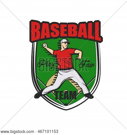 Baseball Sport Team Icon With Pitcher And Ball, Softball Club Badge, Vector. Baseball Varsity Team T