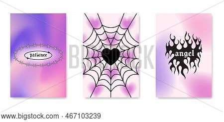Y2k Gothic Flame Tattoo Stickers. Retro Psychedelic Love Art. Vector Illustration Of Hand Drawn Elem
