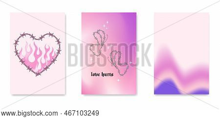 Y2k Gothic Flame Tattoo Stickers. Retro Psychedelic Love Art. Vector Illustration Of Hand Drawn Elem