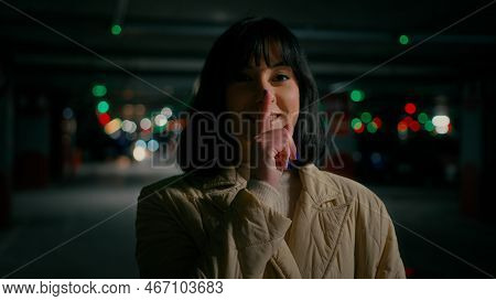 Woman Lady Girl Female Businesswoman At Parking Lot Make Hush Gesture Silence Finger Sign Silent Sec
