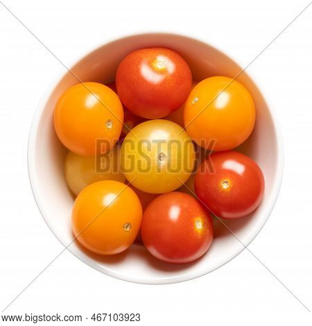 Colorful Cherry Tomatoes In A White Bowl. Fresh, Ripe Type Of Small And Round Cocktail Tomatoes, Of 