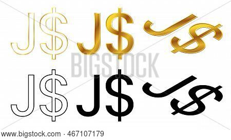 Jamaican Dollar Jmd Currency Golden Signs, Silhouette And Outline Isometric Top And Front View Isola