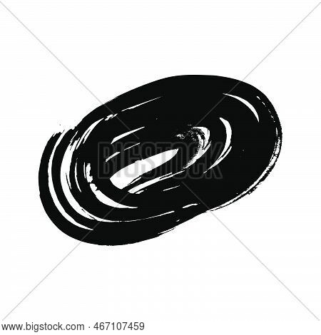 Black Grunge Brush Stroke In Circle Form. Painted Ink Circle. Ink Spot Isolated On White Background.