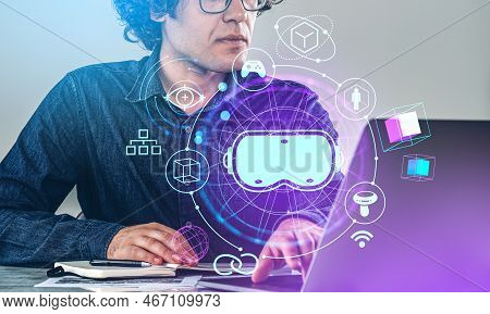 Businessman Working With Laptop, Double Exposure With Metaverse Hologram, Vr Glasses With Glowing Ic