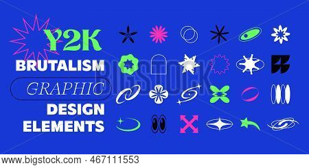 Brutalist Y2k Shapes, Abstract Design Elements. Constructor Of Trendy Geometric Postmodern Figures. 