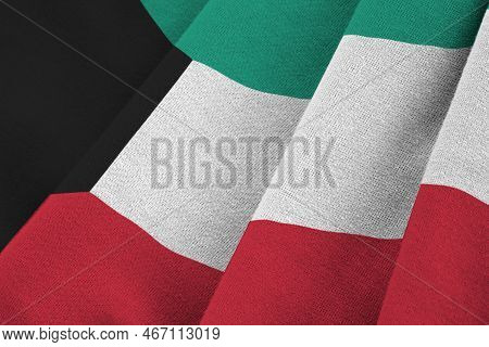 Kuwait Flag With Big Folds Waving Close Up Under The Studio Light Indoors. The Official Symbols And 
