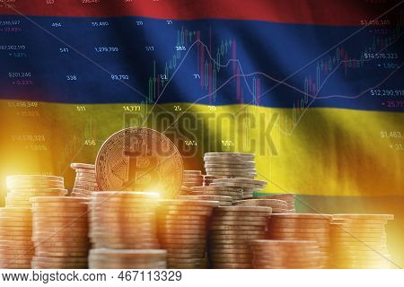 Mauritius Flag And Big Amount Of Golden Bitcoin Coins And Trading Platform Chart. Crypto Currency Co