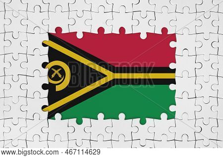 Vanuatu Flag In Frame Of White Puzzle Pieces With Missing Central Parts