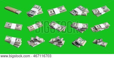 Big Set Of Bundles Of Us Dollar Bills Isolated On Chroma Key Green. Collage With Many Packs Of Ameri