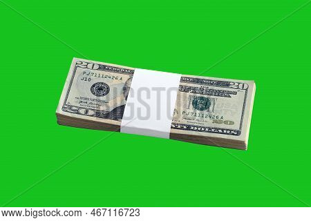 Bundle Of Us Dollar Bills Isolated On Chroma Keyer Green. Pack Of American Money With High Resolutio