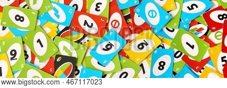 Ternopil, Ukraine - May 15, 2022: Many Colorful Uno Game Cards. Uno Is An American Shedding-type Car