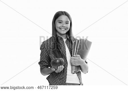 Happy Teen Girl Hold School Copybook For Studying And Apple Lunch Isolated On White, Healthy Lunch