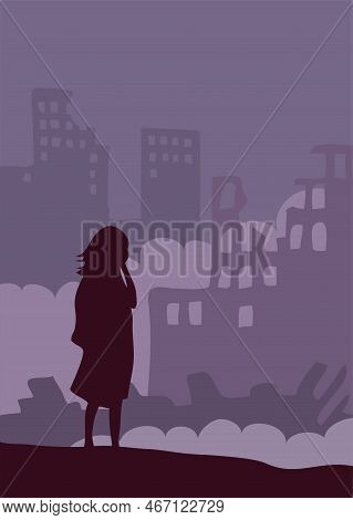 A Girl Is Crying In Front Of A Ruined City. The Terrible Consequences Of War, Earthquake And Natural