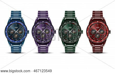 Realistic Watch Clock Chronograph Blue Purple Green Red Grey Stainless Steel Collection Set On White