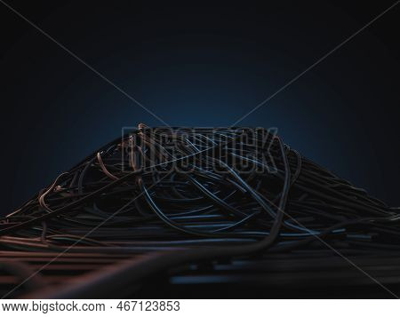 A Jumbled Huge Pile Of Black Electrical Cables Creating A Stage On A Dark Omnious Background - 3d Re