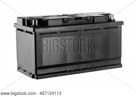 Car Battery Isolated On White Background. Lead-acid Battery On A White Background For A Car. Spare P
