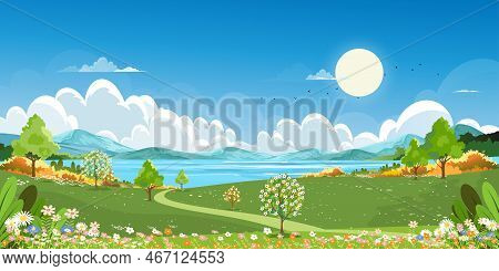 Spring Rural Landscape By The Lake With Green Field Meadow On Hills, Clouds And Blue Sky,vector Cart
