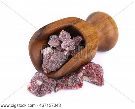 Benzoin Siam Resinoid In Wooden Scoop, Isolated On White Background. Mix Of Benzoin And Dammar Resin