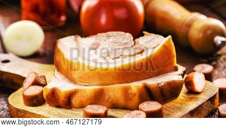 Raw Bacon Slices And Pork Sausage, Pork Pork Meat On Wooden Table, Pork Fat Used As A Cooking Ingred
