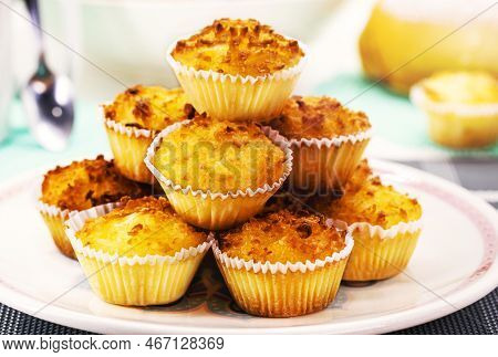 Typical Sweet From Brazil And Portugal, Called Queijadinha Or Queijada. Homemade Dessert, Pastry Fro
