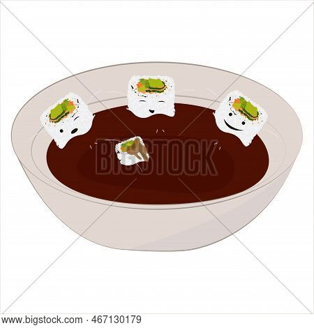 Sushi In Soy Sauce. Asian Food.sushi In Soy Sauce. Asian Food. Sushi With Avocado, Seafood.