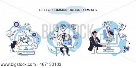 Digital Communication Formats Metaphor, Content Online Data And Social Media Streaming. Abstract Mod