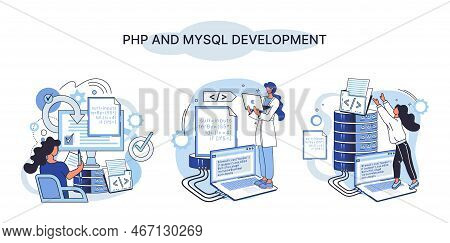 Php And Mysql Development Metaphor. Software Website Developer With Computer, Programmer Service, Op