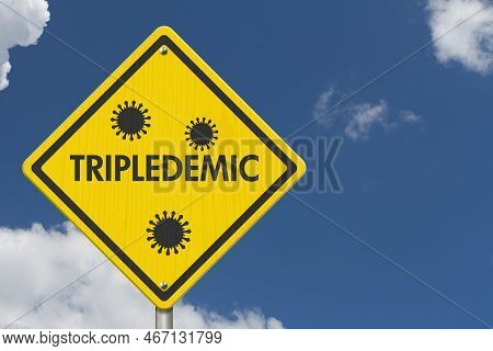Tripledemic Message For Rsv, Covid-19 And Flu Yellow Warning Road Sign With Sky 3d Illustration