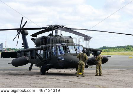 Liepaja, Latvia - August 7, 2022: Sikorsky Uh-60 Black Hawk Helicopter With Pilots Before Take Off F