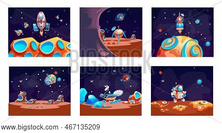 Space Planet Landscape Set, Cosmic Game Background With Spaceship, Alien Fantasy Asteroid Surface. F