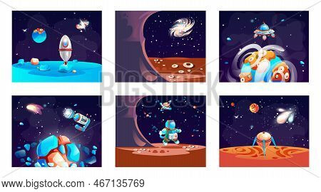 Space Planet Landscape Set, Cosmic Game Background With Spaceship, Alien Fantasy Asteroid Surface. F