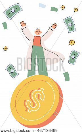 Very Happy Businessman Under Green Money Rain. Man Standing Under Golden Coins Fall For His Personal