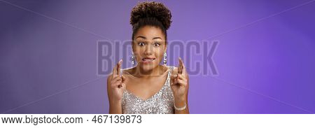 Excited African-american Girl Excited Eager Win Cross Fingers Good Luck Biting Lip Desire Anticipati